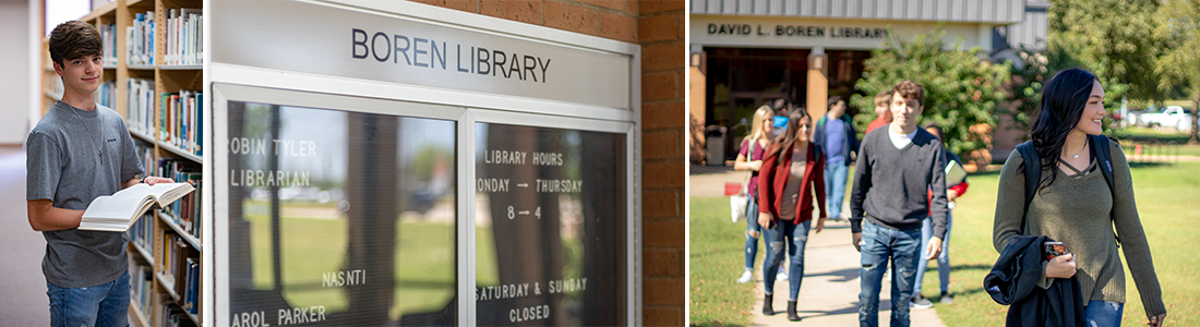 Pictured is a collage of students walking from the Boren Library, reading books inside the library and a picture of the Library sign inside.